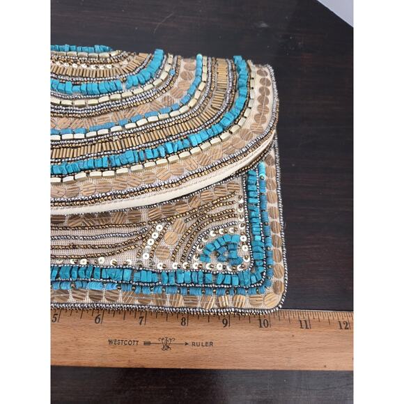 Gold & Turquoise Beaded Clutch / Crossbody Bag Gold Chain Strap Boho Western - Picture 10 of 10